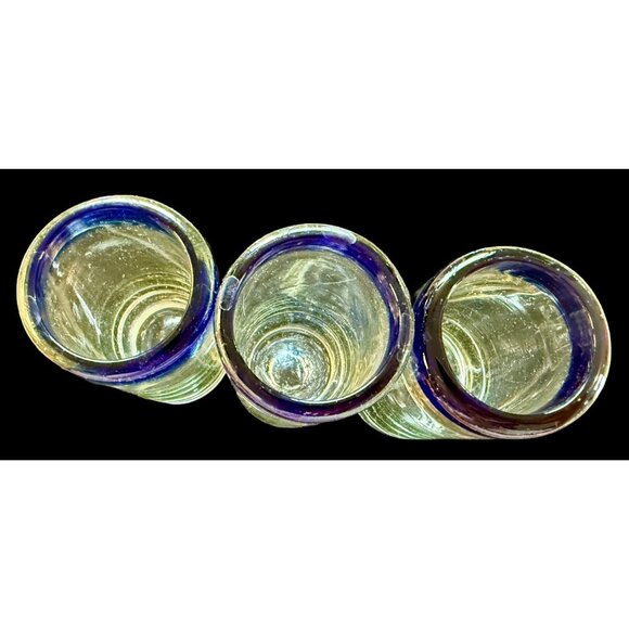 3 Mexican Hand Blown Shot Glass Blue Rim 4” - Picture 4 of 11